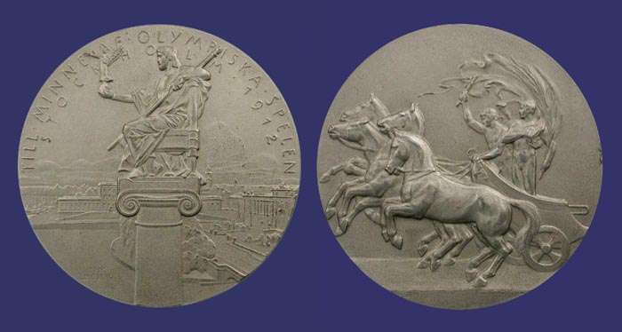 1912, Summer, Stockholm, by Eric Lindberg (obverse) and Bertram Mckennel (reverse)
50 mm

Numbers struck: 2 gold, 50 silver, 100 bronze and 6000 white metal

In May, 1910, the Swedish Olympic Committee determined to issue a commemoration medal to be presented to the functionaries and competitors taking part in the Games, and resolved that the obverse of this medal should be the same as that of the Commemoration Medal of the London Games. After the Medal and Badge Committee had sent in several designs for the reverse, drawn by Mr. E. Lindberg, the Swedish Olympic Committee, at a meeting on the 20 February, 1911, settled the definite appearance of the medal in question. The Obverse, the permanent side, represents an classic Greek chariot drawn by four horses, in which stands two male figures, one the charioteer and the other the judge, ready to present the triumphant athlete with the palm of victory; the Reverse shows, on the capital of an Ionian column, Zeus, sitting in a chair of ancient form, and holding a figure of the Goddess of Victory in his hand. In the background can be seen the outlines of the Royal Palace of Stockholm, together with those of Helgeandsholmen Island and of the faade of the Riksdag House. 

Regarding the distribution of the Commemoration Medal, of which 2 copies were made in gold, 50 in silver, 100 in bronze, and about 6,000 in oxidized and ordinary pewter, the Swedish Olympic Committee determined that the Commemoration Medal in gold should be presented to H. M. King Gustavus and to H. R. H. the Crown Prince of Sweden; in silver, to the members of the Swedish Olympic Committee and the International Olympic Committee; in bronze, to the Presidents of the Special Committees and to the Chairmen of the International Juries; in oxidized and ordinary pewter, to the other functionaries; to all the competitors that started in any event; to the staffs of all the offices of the Swedish Olympic Committee, and, finally, to all those persons, both at home and abroad, who had laboured for, and helped to further, the success of the Games. 
 
