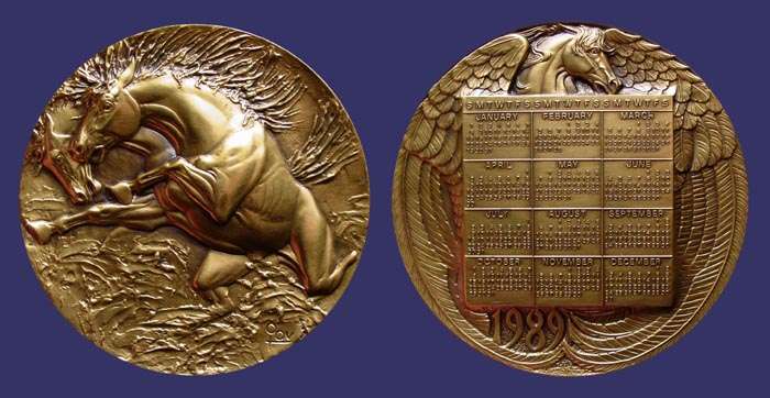 1989 Calendar Medal, Medallic Art Company, Marcel Jovine
Bronze, 76 mm, 234 g

[b]From the collection of John Birks[/b]
Keywords: marcel_jovine sold