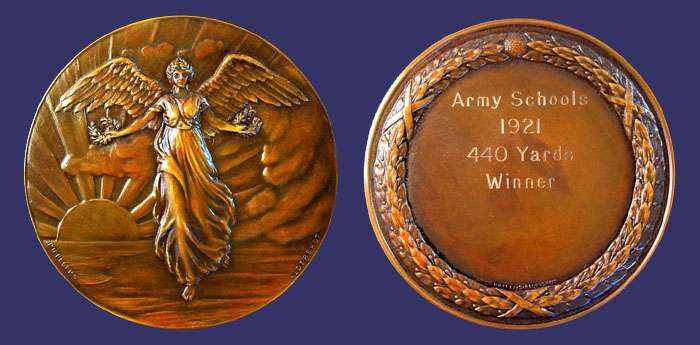 Aldershot, F. Phillips, Army Schools Award Medal, Awarded 1921
From the collection of John Birks

Obverse and Reverse Signed:  PHILLIPS ALDERSHOT

Box:  F. Phillips Aldershot, Military Medallist

Reverse Engravure:  ARMY SCHOOLS 1921 440 YARDS WINNER
Keywords: art nouveau