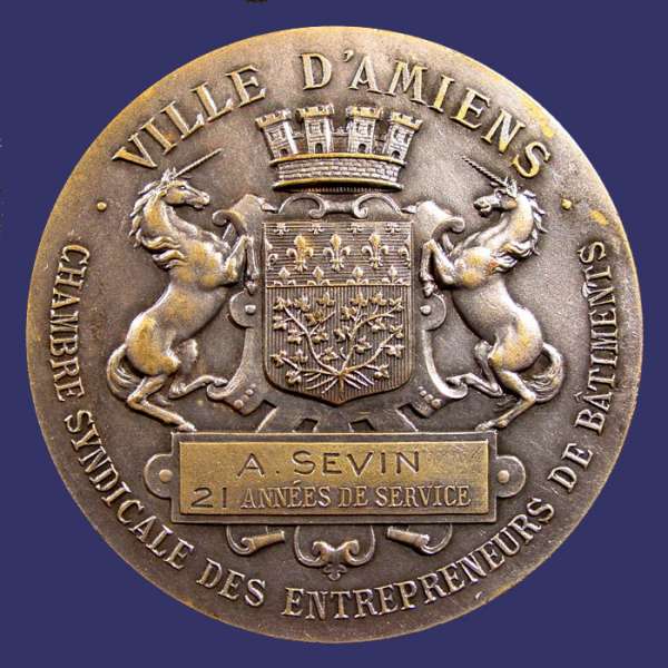 Rasumny, F., Ville D'Amiens, Building Entrepreneurs, Reverse
[b]From the collection of John Birks[/b]

Obverse:  MON MERCIER

Signed on obverse:  F. RASVMNY, also AD overlapping letters

Reverse:  VILLE D'AMIENS (City of Amiens)
Keywords: sold