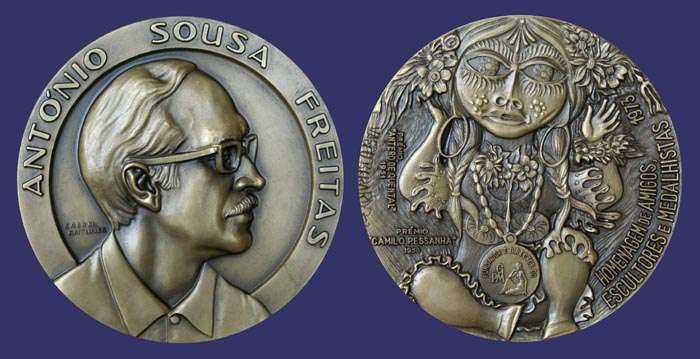 Antunes, Cabral (obverse) and Vasco Barardo (reverse), Antonio Sousa Freitas - Hommage to Friends of Sculptors and Medallists, 1958
