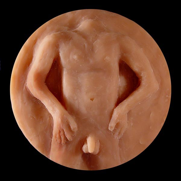 No. 002, Male Torso, 2005
In my second attempt at sculpting, I wanted to see if I could represent a human body, but was not ambitious enough to try to make a face as well, so I decided on a male torso.  Most people who look at this medal are drawn to the penis.  I don't think I exaggerated its size, but traditionally sculptors seem to have purposely diminished the penis size so as not to detract from the body itself.  I think that the naked figure of a young male or female should elicit sexual feelings; our brains are hard-wired for that.  And I think this one does, so I feel good about the outcome.
