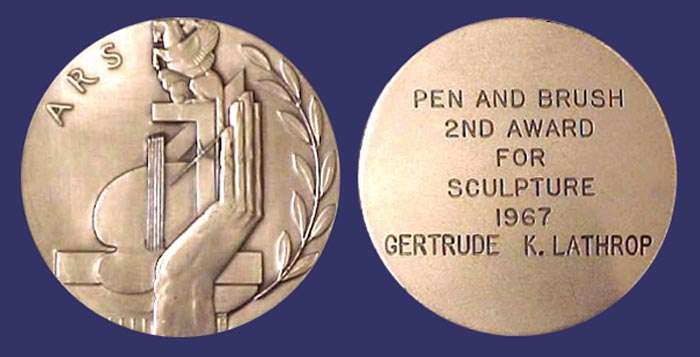 ARS Pen and Brush Award Medal, Awarded to Gertrude K. Lathrop in 1967
Gertrude Lathrop also is a medallic artist. For example, she designed the Society of Medalists Issue No. 18, "Conserve Wildlife", in 1938.  See http://medals4trade.com/collections/thumbnails.php?album=844
