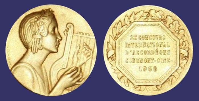 Harpist, Music Award Medal, 1958
[b]From the collection of Mark Kaiser[/b]

Awarded for an accordion competition
