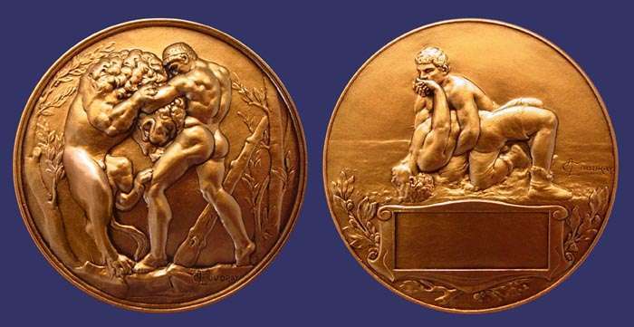 Coudray, Marie Alexandre-Lucien, La Lutte
Bronze, 50 mm, 78 g

Modern restrike of this medal showing Hercules wrestling a Lion.  "La Lutte" translates from French to mean "The Fight".
Keywords: favorites