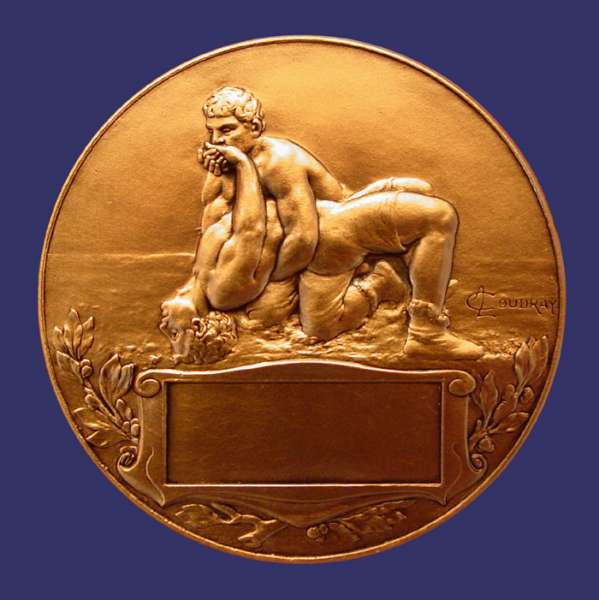 Coudray, Marie Alexandre-Lucien, La Lutte, Reverse
Bronze, 50 mm, 78 g

Modern restrike of this medal showing Hercules wrestling a Lion.  "La Lutte" translates from French to mean "The Fight".
Keywords: birks_nude_male