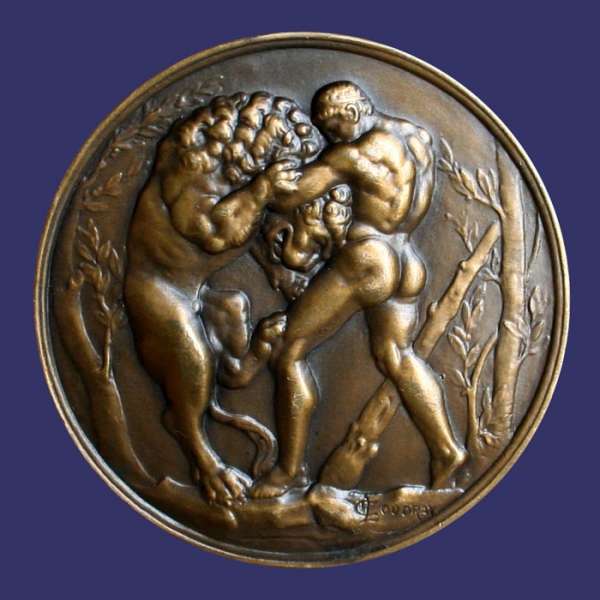 "La Lutte", Uniface
[b]From the collection of John Birks[/b]

Hercules fighting the lion.  "La Lutte" translates from French to mean "The Fight". 
Keywords: gay
