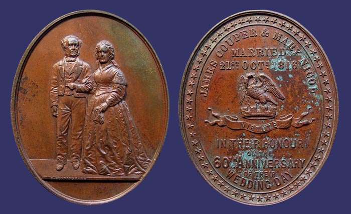 60th Wedding Anniversary of James Couper and Mary Nicole of Glasgow
Bronze, 57mm x 47mm

This medal was struck in 1876 to commemorate the 60th wedding anniversary of James Couper and Mary Nicole of Glasgow. The obverse bears superb full-length portraits of James and Mary, standing facing, magnificently dressed in Victorian clothing. The reverse with inscription MARRIED 21ST OCT 1816 and IN THEIR HONOUR ON THE 60TH ANNIVERSARY OF THEIR WEDDING DAY. The edge of the medal is engraved TO ALISON MARY COUPER (their granddaughter, and daughter of William Couper their son).

This medal relates to the Couper family of Glasgow. Alison Mary (Tia) Couper was born on 7th May 1867 in Glasgow, and would therefore have been just 9 years old when presented with this medal in October 1876. Alison Mary became a Justice of the Peace for the City of Liverpool and died in London 7th July 1958. She was the daughter of William Couper, also of Glasgow, whose occupation was given as "African Merchant". William was the son of James Couper and Mary Nicole whose 60th wedding is the subject of this medal. It appears that James Couper is the same James Couper who founded the Couper and Sons Glassworks of Glasgow.  About 1850, James Couper built two glasshouses facing Bells Pottery in Glasgow, trading under the name of James Couper & Sons. Under the management of William Haden Richardson, who came from Stourbridge, colored glassware, in the Venetian style was made. This was very like the Stourbridge glass but was much heavier in weight. Amber, royal blue and ruby were favourite colours. Dr. Dresser, one of the artists employed here made the Clutha glass with its many lustrous tints, sapphire, amethyst and aventurine (brown amber) being specially admired. Stained glass called St Mungo was also a feature of this House. This medal would have been especially commissioned for this occasion for presentation to immediate members of the family - and therefore very few examples would have been made.
