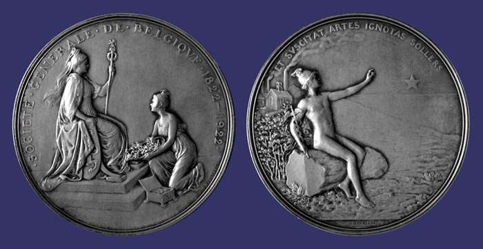Devreese, Godefroid, Socit Gnrale de Belgique, 1922, Silver
This medal commemorates the 100th anniversary of the Socit Gnrale de Belgique, one of the largest companies that ever existed in Belgium. It was founded in 1822 by William I, and existed until 2003, when its then sole shareholder, Suez Lyonnaise des Eaux, merged it with Tractebel to form SUEZ-TRACTEBEL. King William I of the Netherlands, founded the company in 1822 under the name Algemeene Nederlandsche Maatschappij ter Begunstiging van de Volksvlijt, a company that had the goal of increasing the welfare of the country. After the Belgian Revolution of 1830, the company became Belgian, under the French name Socit Gnrale de Belgique. It then served until 1850 as the National Bank of Belgium. In the years before the Second World War, the company invested in roads, railroads and canals. It was also the main operation in the Belgian colonies, like in the Belgian Congo. After the 1929 Crash, the company split off its banking segment (1934), becoming the Generale Bank (now Fortis), but remained its largest stockholder. Starting in the end of the 1980s, the SUEZ company started to obtain a large portion of the Socit Gnrale's stock, which resulted in the full take-over of the company in 1998, by Suez Lyonnaise des Eaux.
Keywords: favorites