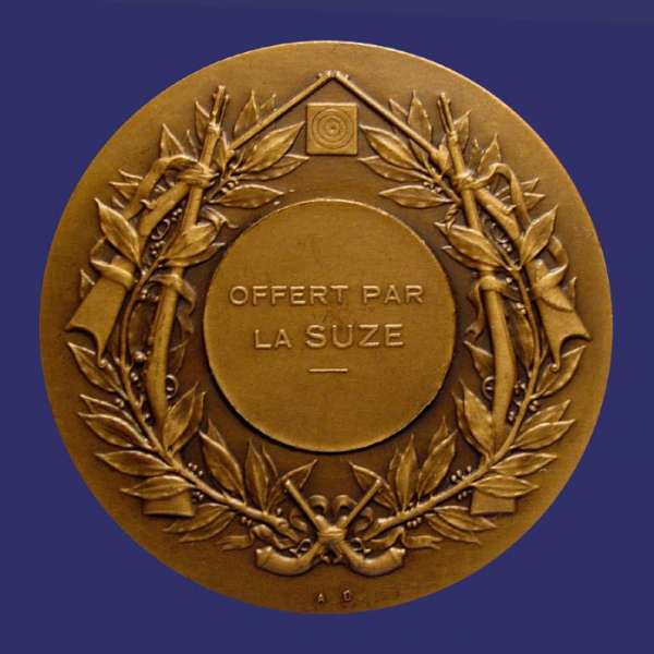 Dubois, Alphe, Concours de Tir, Reverse
Obverse: CONCOURS DE TIR (Shooting contest)

Reverse: OFFERT PAR LA SUZE (Awarded by the "Suze")

Alphe DUBOIS (1831-1905) was a second generation medallist of the Dubois dynasty. The patriarch of this medallist/engraver family dynasty was Joseph Eugne Dubois, who was a respected engraver of medals, jetons and coins during the late 18th and early 19th century. His son, Alphe, followed in his trade, becoming one of the most celebrated engravers of the second half of the 19th century in France. His engravings were not limited to numismatics, as his work can be seen on a number of French postal stamps as well. Alphe was most recognized for his incredible attention to detail and creating finely detailed images that oftentimes could only be appreciated under a magnifying glass. He was a true master, and his son, Henri, continued the dynasty, becoming one of the most proliferate medallists of the early 20th century.

Bronze, 50 mm 

