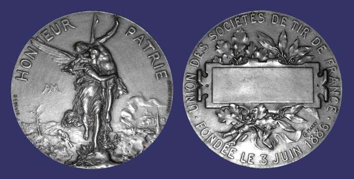 "Gloria Victus", After Sculpture by Marius Jean Antonin Mercie - Shooting Medal, 1886
Reverse by Charles Marey

