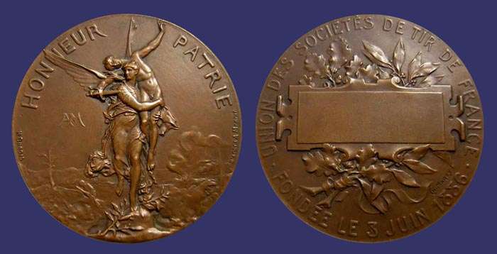 "Gloria Victus", After Sculpture by Marius Jean Antonin Mercie - Shooting Medal, 1886
[b]From the collection of Mark Kaiser[/b]

Reverse by Charles Marey
