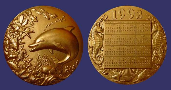 1993, Medallic Art Company, Don Everhart, Dolphin
[b]Photo by John Birks[/b]

Gold-gilted bronze, 76 mm, 290 g, no box or brochure

Keywords: sold