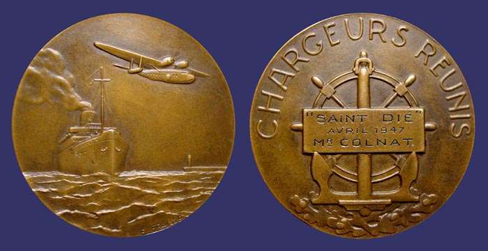 Ship and Seaplane - "Chargeurs Runis", Awarded 1947
[b]Photo by John Birks[/b]

Bronze, 50 mm, 56 g
Keywords: sold