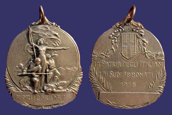 Fuorii Barbarii, WWI medal, 1918
[b]From the collection of Mark Kaiser[/b]

Reverse by Gallo
