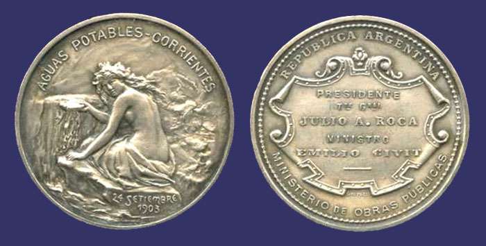 Aguas Potables - Corrientes, Silver, 1903, Obverse
From the collection of Mark Kaiser
Keywords: south america art nouveau