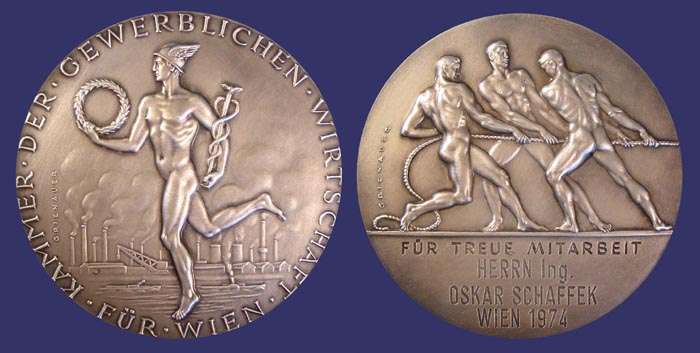 Grienauer, Edwin, Fr Treue Mitarbeit, Silvered Bronze, 70 mm, Awarded 1974
This medal was designed by Edwin Grienauer for the "Kammer Der Gewerblichen Wirtschaft" (Chamber of the Commercial Economy of Vienna).  Edwin Grienauer was one of the more important Viennese Sculptors and Medalist of the 20th Century.  He was born March 7th, 1893 and by 1912, at age 19, he was already creating his first portrait plaques.  His body of work spans more than half a century.  Grienauer worked almost exclusively from commission and was proficient in all areas of sculptural design.  He died on August 21st, 1964.

These medals were issued over many years, exist in different sizes and metal compositions and have individualized dedications located below the three men on the reverse.  They were awarded for lengthy terms of service.

The obverse depicts Mercury carrying  a caduceus and a wreath.  In the background are the smoke stacks of industry at a riverside (Vienna is divided by the Danube River).  Across the bottom is inscribed "Fr Wien" and around the rim, "Kammer Der Gewerblichen Wirtschaft" (Chamber of the Commercial Economy of Vienna).  The reverse depicts three men in a classical style cooperating in pulling a load.   Below the image is the inscription "Fr Treue Mitarbeit" (For Loyal Dedication) "Frau Edeltraud Knapp Wien 1965" (Mrs. Edeltraud Knapp, Vienna 1958).

The medal work of Grienauers consists mainly of commissioned pieces for his customers and this aspect of his work is dominated by award/service medals of national or economic institutions and prizes for sporting events.  His large sculptures are still present today in Vienna and include reliefs and architectural sculptures, crucifixes and religious statues on and in Viennese churches, and even floor tiles for the St Stephans Cathedral.

Works include coinage dies of the Austrian 1st and 2nd Republic, medals, sculptures, and portraits.  He designed commemorative and regular issue coins for Liechtenstein as well.  Grienauer designed the denomination side of the last of the Schilling coins of Austria, which were in circulation from 1959 to 2002.

Keywords: nude male birks_nude_male favorites