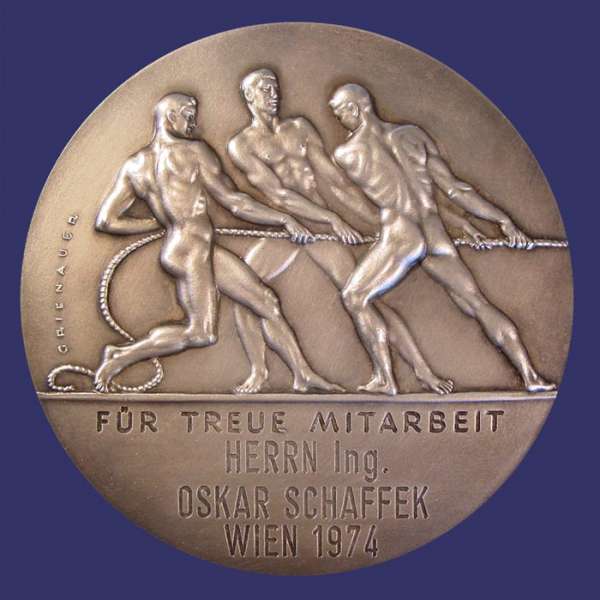 Grienauer, Edwin, Fr Treue Mitarbeit, Silvered Bronze, 70 mm, Awarded 1974, Reverse
This medal was designed by Edwin Grienauer for the "Kammer Der Gewerblichen Wirtschaft" (Chamber of the Commercial Economy of Vienna).  Edwin Grienauer was one of the more important Viennese Sculptors and Medalist of the 20th Century.  He was born March 7th, 1893 and by 1912, at age 19, he was already creating his first portrait plaques.  His body of work spans more than half a century.  Grienauer worked almost exclusively from commission and was proficient in all areas of sculptural design.  He died on August 21st, 1964.

These medals were issued over many years, exist in different sizes and metal compositions and have individualized dedications located below the three men on the reverse.  They were awarded for lengthy terms of service.

The obverse depicts Mercury carrying  a caduceus and a wreath.  In the background are the smoke stacks of industry at a riverside (Vienna is divided by the Danube River).  Across the bottom is inscribed "Fr Wien" and around the rim, "Kammer Der Gewerblichen Wirtschaft" (Chamber of the Commercial Economy of Vienna).  The reverse depicts three men in a classical style cooperating in pulling a load.   Below the image is the inscription "Fr Treue Mitarbeit" (For Loyal Dedication) "Frau Edeltraud Knapp Wien 1965" (Mrs. Edeltraud Knapp, Vienna 1958).

The medal work of Grienauers consists mainly of commissioned pieces for his customers and this aspect of his work is dominated by award/service medals of national or economic institutions and prizes for sporting events.  His large sculptures are still present today in Vienna and include reliefs and architectural sculptures, crucifixes and religious statues on and in Viennese churches, and even floor tiles for the St Stephans Cathedral.

Works include coinage dies of the Austrian 1st and 2nd Republic, medals, sculptures, and portraits.  He designed commemorative and regular issue coins for Liechtenstein as well.  Grienauer designed the denomination side of the last of the Schilling coins of Austria, which were in circulation from 1959 to 2002.

Keywords: nude male gay birks_nude_male
