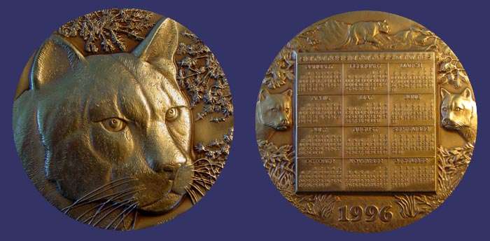 1996, Hoffman Mint, James Payette, Cougar
[b]From the collection of John Birks.  This medal is a gift from the designer, Thomas Boyle[/b]

Serial No. 0620, James Payette, artist; Thomas Boyle, designer

[b]From the Hoffman Mint Website:[/b]

Cougar 1996 Calendar Medal[/b]

Hoffman Mint proudly presents the "Cougar "calendar medal commemorating North American's endangered animals. The design was sculpted by James Payette and struck in bronze. This medal brings to life one of nature's most misunderstood and feared creatures-the Cougar. Each medal has been meticulously crafted by the finest artisans in the country resulting in a magnificent piece. Hoffman Mint's official 1996 calendar medal has brought lasting significance to discerning collectors.

The 1996 Cougar calendar is the result of a collaboration of the finest artisans in the country including designers, sculptors, and engravers. The manufacturing process is more of an art than a science. From the artists sculpture, rendered in clay, to the engraved dies which strike the medal, minting is an intricately involved process. The result is a high quality bronze calendar medal which has been beautifully designed, artfully sculpted and meticulously minted. This entire process is painstakingly performed for each calendar medal struck at Hoffman Mint where we match old world craftsmanship with advanced technology.

The scientific name is Felis concolor-cats all of one color. It is called a panther east of the Mississippi. Latin Americans call it el leon. In most of the United States it goes by puma or mountain lion. The most widely accepted name is COUGAR. This magnificent cat was the most widely distributed mammal in the western hemisphere before it was ruthlessly hunted. The cougar is solitary, shy, independent and secretive. Each adult stakes out a home range and marks its territory. A Cougar's territorial borders consist of piles of leaves, pine needles and twigs all marked by the cougar's scent.

The striking of the 1996 Cougar Medal is strictly limited to only 5000 pieces. Each medal is individually edge marked with the official hallmark of Hoffman Mint and a serial number. Now You Can Acquire A Lasting Tribute To The Powerful Cougar These medals are perfect for gifts, customer or employee appreciation or special events.
