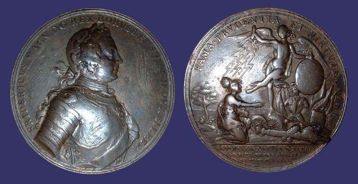 Siege of Prague, 1757
Johan-Georg Holtzey was one of the most famous Engraver in the early 18th Century. This medal is related to the siege of Prague on May 6th, 1757, and it is a good example of the 18th C. Medal Art. 

Obverse: FRIDERICUS.MAGN.REX.BORVSS.ET.BRAND.SILES.ET.  Bust of Frederic II of Prussia to the right and wearing his armor. 

Reverse: FAMA.PRVDENTIA.ET.VIRTVUTE.  A Winged Victory to the left with a shield in her left hand and lightning in her right hand as personified Bohemia is on her knee to the right. In the exergue, it reads : AUSTR.EXERC.PROPE.PRAG.FVUNDIT.CAESO.ET.PRAGA.OBSESSA.VI.MAJI.MDCCLVII.

Reference: Olding Nr. 600 (Manfred Olding, "Die Medaillen auf Friedrich den Grossen von Preussen 1712 bis 1786", Berlin, 2003) 




Keywords: Johan-Georg Holtzey