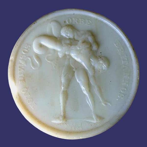 Hercules Defeating Antaeus, Anticipation of Napoleon's Defeat of England, 1806
Milk Glass

This medal was produced in anticipation of the defeat of England by Napoleon, which, of course, didn't happen.  In Greek mythology, Hercules (symbolizing France here) defeated Antaeus (symbolizing England) by holding him out of the water.  However, Napoleon was ultimately defeated by England and the Allies at Waterloo near Brussels on June 18, 1815.
Keywords: john_wanted