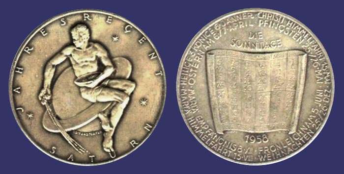 Jahresregent Saturn, Calendar Medal, 1958
[b]From the collection of Mark Kaiser[/b]
