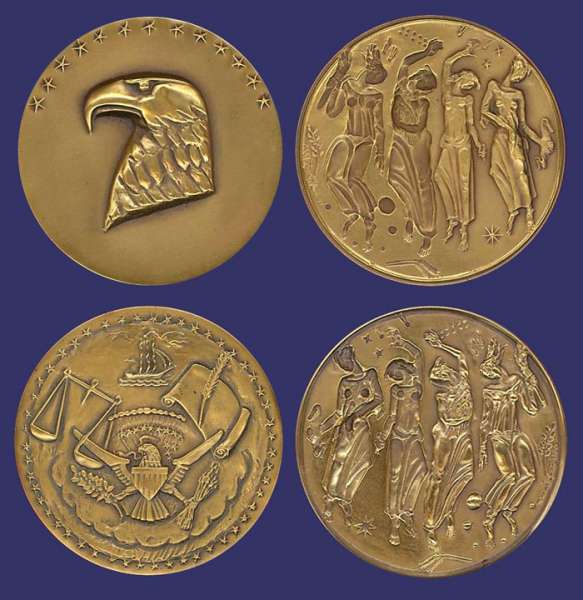 Eagle-Dancers, 2-part Medal
Top image:  obverse (left) and reverse (right) of part 1 of the medal

Lower image:  obverse (left) and reverse (right) of part 2 of the medal
