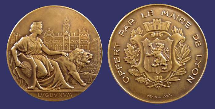 Lugdunum, Lyon Award Medal
[b]From the collection of John Birks[/b]

Obverse:  LVGDVNVM (Lugdunum, Roman city now Lyon, Capital of Gaul)

Signed on obverse and reverse:  F PENIN A LYON

Reverse:  OFFERT PAR LE MAIRE DE LYON (Awarded by the Mayor of Lyon)


Keywords: art nouveau lion