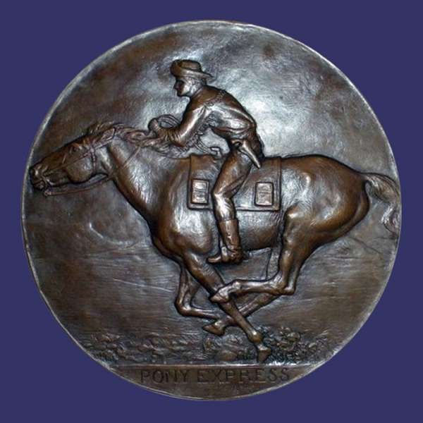 50 Year Anniversary of the Pony Express
By Alexander Phimister Proctor (Canadian: 1862-1950).  Proctor was commissioned by Wells Fargo in 1910 to create for them a plaque commemorating the 50th anniversary of The Pony Express.  The first plaque was presented to President Herbert Hoover in 1930.  Copies have been mounted at various points along The Pony Express route as markers.  The plaque depicts a cowboy rider on a fast horse galloping to the next relay station.  The plaque is signed lower center by Proctor under The Pony Express logo. The plaque measures approximately 16 1/4 in (41 cm) in diameter and weighs approximately 12 pounds (5.5 kg). This bronze plaque is featured in the Bergmann Bronze books, vol. 4., pp. 1184-1185, number 4759 as a plaque depicting the great historic event of The Pony Express which only lasted 15 months.

