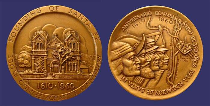 350 Year Anniversary of the Founding of Santa Fe
[b]From the collection of John Birks[/b]

Medal designed by Kay Van Elmendorf Wiest and executed by Donna Quasthoff, both of Santa Fe, New Mexico.
