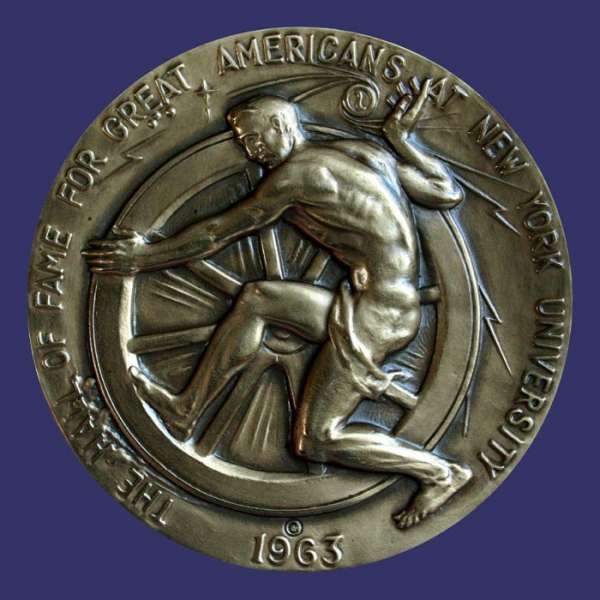 Quattrocchi, Edmondo, New York University Hall of Fame, #85, George Westinghouse (Elected  1955), 1963, Reverse
Bronze, 77 mm, 273 g
Keywords: L'Effort gay nude male gay