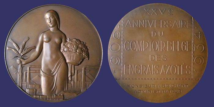 25th Anniversary of Belgian Society of Nitrogen Fertilizer, 1934
[b]From the collection of John Birks[/b]

Bronze, 80.6 mm, 220 g
