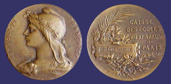 Marianne - Caisse des coles du XIe. Arrondt. de Paris, Award Medal, 1910
[b]From the collection of Mark Kaiser[/b]
Keywords: Oscar Roty art nouveau