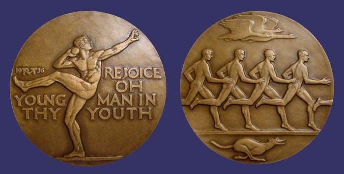 SOM#013, R. Tait McKenzie, Rejoice Oh Young Man in Thy Youth, 1936
[b]From the collection of John Birks[/b]

[i]Numbers Issued:  1,001 Bronze, 100 Silver[/i]

[b]From the Artist:[/b]

"The last 50 years has shown a revival and spread of interest in competitive athletic sports and outdoor life that has no parallel in the history of the world. The Modern Olympic Games, celebrated for the 12th time this year, differ from those of ancient Greece which included only Greek citizens from the shores of the eastern end of the Mediterranean, chiefly because they bring together men and women as competitors from all five continents and of every color from black to white. In every land playgrounds and stadia have sprung up for the needs of both players and sport lovers." 

"As one who has followed this great movement from its inception to maturity I have chosen two phases of it for the thirteenth medal issued by the Society. The subject of the obverse is SPEED, illustrated by a formalized frieze of four runners with three swans in full flight above their heads. A racing whippet is shown in the exergue. The reverse shows an athlete in characteristic pose, putting the shot, a strictly modern event on the athletic program, not practiced in antiquity. In the ground is the inscription, 'Rejoice, oh young man in thy youth," (Ecc. 11:9), with the monogram and date.

Keywords: SOM birks_nude_male