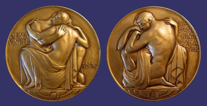 SOM#015, Robert I. Aitkin, All Mankind Loves a Lover, 1937
[b]From the collection of John Birks[/b]

[i]Numbers Issued:  1,160 Bronze, 100 Silver[/i]

[b]From the Artist:[/b]

"This medallion began to enfold a symbolic group of two figures, interwoven into a composition, which appears to penetrate the bronze, so that one side is the completion of the other. To inject the thought that Love is Immortal: the winged scarab, symbol of immortality, which also seems to be imbedded in the bronze, was added. On the rear of the scarab appears the designer's initials incised (in reverse).  The quotation from Emerson "ALL MANKIND LOVES A LOVER" was chosen as a sequel to the words of Virgil - 'OMNIA VINCIT AMOR' 'LOVE CONQUERS ALL'."

Keywords: SOM