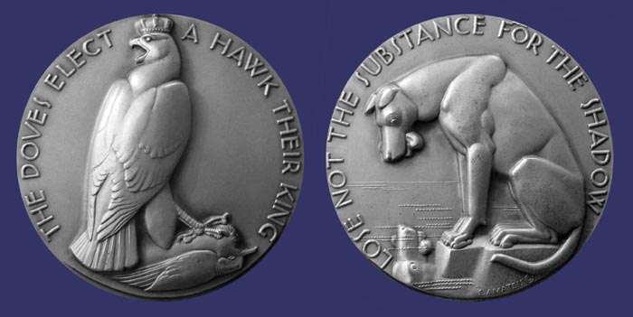 Aesop's Fables, Society of Medalists Issue No. 21, 1940
[b]From the collection of John Birks[/b]
Keywords: Edmond Amateis hawk dog