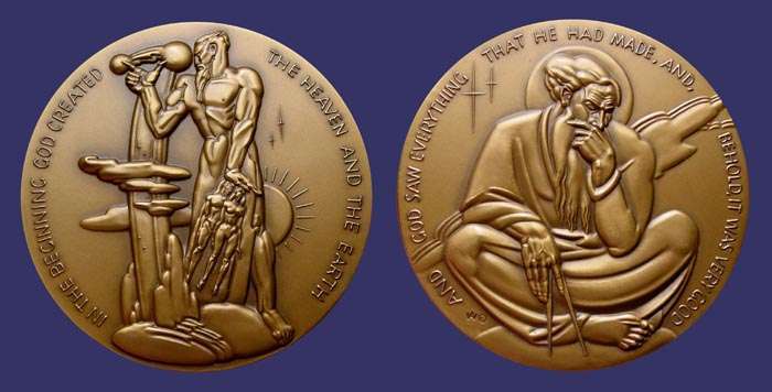 SOM#043, Albert W. Wein, God the Creator, 1951
[b]From the collection of John Birks[/b]

[i]Number Issued:  725 Bronze[/i]

[b]FROM THE ARTIST[/b]

In this medal I have attempted to portray the Creation. One side of the medal shows God in all His omnipotent power creating the heavens and the earth, man and woman, the planets, the suns, the stars, etc., as stated in the book of Genesis: In the beginning God created the heavens and the earth. The other side represents the tranquility of God, The Great Architect, with the allegorical symbol, the calipers in his hand, contemplating the majestic fulfillment of his labors with the lines, also from the book of Genesis: And Gold saw everything that he had made and behold, it was very good. I have tried to show the majesty and power of these lines from the Bible. 
Keywords: SOM birks_nude_male