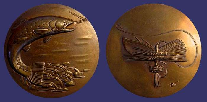 SOM#047, Gifford MacGregor Proctor, Fly Fishing, 1953
[b]From the collection of John Birks[/b]

[i]Number Issued:  834 Bronze[/i]

[b]FROM THE ARTIST[/b]

Four factors influenced my choice of subject matter.

The first being the renaissance medals by Matteo De Pasti of the Italian family, the Malatestas of Rimini.  These medals made an indelible impression on me because of their simplicity of design and treatment.

The second is my longing for the trout stream and the salmon river, a longing which was forever deeply engraved on my soul after fishing the streams of the Canadian camp of the founder of the Society, George D. Pratt.

The third was Mrs. Laura Gardin Frasers medal, for the Society, The Hunter and His Dog and the fourth, the inspiration of the reverse of Lee Lawries medal for the Society, That Shall He Also Reap which to my mind is the finest example of medallic art design I know of.

I sought for a simple, direct, subject matter which would not be too involved for feasible expression on a medal.  I sought a design which required but a single feature to put over the idea and a subject matter with wide, fresh interest appeal.  Realizing that Mrs. Fraser had covered the hunting aspect, and no one had done the fishing, it came over me all at once that the trout fishing medal would be it.

Protagonists of the dry fly and wet fly will still be giving one another an argument on the day of judgment.  To be perfectly unbiased, this medal caters to both.

The Dry Fly is the symbol of symbols of trout fishing.  It is more symbolic even than a realistic portrait of the trout itself.  The Parmachini Belle was used for the reverse, and it satisfied my desire for a single-unit design with a large, restful area of background.

The obverse carries the brown trout, seen from the fishermans point of view on the bank as he rises to the strike at a wet fly which is shown leaving its small V wake as it is drawn upstream.  The brown trout is used since it is the most universally known member of the family.  The story speaks for itself.

[b]ABOUT THE ARTIST[/b]

GIFFORD MacGREGOR PROCTOR:  Sculptor.  Born in New York City, February 5, 1912.  Son A. Phimister Proctor and Margaret D. (Gerow).  Studied with his father, in Rome and Belgium, took B.F.A. degree at Yale School of Fine Arts.

Awarded Prix de Rome Fellowship of the American Academy in Rome.  Artist in residence, Beloit college, Beloit, Wisconsin.

[i]Other Medals:[/i]  Boone and Crockett Club Big Game competition medal.  The Wild Life Society Leopold Memorial Medal.  Society of American Foresters Gifford Pinchot Award.  Campfire Club of America A. P. Proctor Memorial Medal.  Several portrait medallions.  Sagamore Hill Award, Boone and Crockett Club.  In addition to various garden pieces, architectural designs, portraits, smaller commissions, Statuary Hall, National Capital Building, Washington, D. C.  Portrait statues of Dr. John McLoughlin and Reverend Jason Lee representing the State of Oregon in Statuary Hall.

First Special Service Force Monument, Helena, Montana.  Portrait Hon. Leslie M. Scott, Sovereign Grand Inspector General Scottish Rite in Oregon.

Port Authority Building, New Orleans.  Four monumental eagles in granite.  Two twelve foot eagles in Federal Building, N. Y. Worlds Fair.  Twenty-four portraits New York State Hall of Fame, New York Worlds Fair.


Keywords: sold
