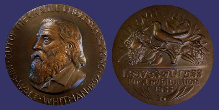 SOM#054, Paul Fjelde, Walt Whitman, 1956
[b]From the collection of John Birks[/b]

[i]Numbers Issued:  635 Bronze[/i]

[b]FROM THE SCULPTOR[/b]

The artists concept of the Walt Whitman medal:

In 1955, the literary world celebrated the 100th anniversary of the first publication of [i]Leaves of Grass[/i] attaching great importance to the event, which acknowledged Whitman to be Americas greatest poet.  It seemed appropriate that an issue of The Society of Medalists be devoted to commemorate the celebration.

Accordingly, a design was prepared by the sculptor, showing a relief portrait of Whitman in middle age on the obverse side, with the opening words of one of his most famous poems encircling the head.

The reverse side depicts the singing thrush which occurs as an inspirational symbol in When Lilacs Last In The Dooryard Bloomed and in other Whitman poems.  The lilac leaves and blossoms and the blades of grass in the background further express the commemorative theme.  The lettering on this side of the medal was adapted from the actual type used on the title page of the first edition of [i]Leaves of Grass.[/i]

[b]ABOUT THE SCULPTOR[/b]

Paul Fjelde was born in Minneapolis, Minnesota in 1892.  His father, a sculptor of distinction, was Norwegian, his mother Danish.  At the age of fourteen he became a student at the Minneapolis School of Fine Arts.  Later he attended the Beaux Arts and Art Students League in New York.  He also studied at the Royal Academy in Copenhagen and the Academy Chaumiere in Paris.

He was awarded a traveling fellowship from the American Scandinavian Foundation and a citation from the Eastern Arts Association and has won a number of competitions.  His works include the Lincoln monument in Oslo, Norway, (replicas in North Dakota and Illinois); the Colonel Heg monument in Lier, Norway and Madison Wisconsin; panels on the Westinghouse monument in Pittsburgh, Pa. (Henry Hornbostel, architect); the pierced relief bronze figures on the Baker Field gates of Columbia University; the Wendell Willkie memorial in the Indiana State House; bronze panels on the Second National Bank Building, Boston (Thomas M. James Company, Architects); as well as architectural sculpture on many schools, banks and office buildings.  Numerous portrait busts, memorial tablets and medals have come form his studio, among these a portrait bust of Col. Charles A. Lindbergh, modeled form sittings in New York.

He is represented by work in the Numismatic Society collection, the Hispanic Museum, the Walker Museum in Minneapolis, the Museum of the Minnesota Historical Society in St. Paul, the Norton Museum in Florida, and Brookgreen Gardens.

Fellow and former secretary of the National Sculpture Society, he was editor for the first four years of its publication of [i]National Sculpture Review[/i].

An associate of the National Academy of Design, he is a member of the Grand Central Art Galleries, the Eastern Arts Association, and Allied Artists of America.

For many years a teacher of modeling, drawing and design at Pratt Institute, he holds the position of Professor of Art at that famed art school.

Keywords: sold