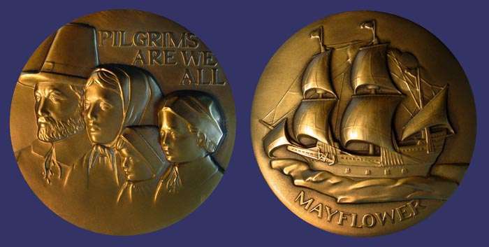 SOM#094, Anthony Notaro, Pilgrims Are We All - Mayflower, 1976
[b]From the collection of John Birks[/b]

[i]Numbers Issued:  1,000 Bronze, 140 Silver[/i]

[b]FROM THE ARTIST[/b]

To design a Pilgrim family for this medal, I drew from my own experience.  I remember the day we landed at Battery Park in 1922.  The very thought of it became my model.  For instance, the boy in the medal is a representation of myself, with high button collar coat still in use at the time.  Theres my mother with her kerchief, and my little brother with his hooded cape, and my father leading the way.

The ship of the Pilgrims was the [i]Mayflower[/i], ours was the [i]Dante Alighieri[/i].  both ships were similar  carrying people from a world they knew to a strange land in quest for something better.  It is this thought that has made me realize what the original Pilgrims must have gone through and why they were thankful for the bounty and opportunity they found here.  This medal is dedicated to all brave immigrants who came to build a great new country.

[b]ABOUT THE ARTIST[/b]

Anthony Notaro won a statewide design competition in 1964 for the medal honoring New Jerseys tercentenary of settlement.  Since that time he has done dozens of medals, including New York University Hall of Fame and Florists Telegraph Delivery among others.  His most prominent media is bronze, but he is equally known for his marble and wood carvings.

He was born in Italy in 1915 and is the seven-year-old boy depicted in the [i]immigrant family[/i] for this Society medal.  He studied under Harry Lewis Raul, Hans Schuler and William Mark Simpson and worked in the studio of Malvina Hoffman.  He taught at the Edgewood School in Greenwich, Connecticut and later at the Academy of Art in Newark.

He is a fellow of the National Sculpture Society, a member of the Allied Artists of America, the American Artists Professional League, and others.  He has received numerous prizes, the most recent of which is the 1976 John Spring Art Founder Award of the National Sculpture Society.

Keywords: sold