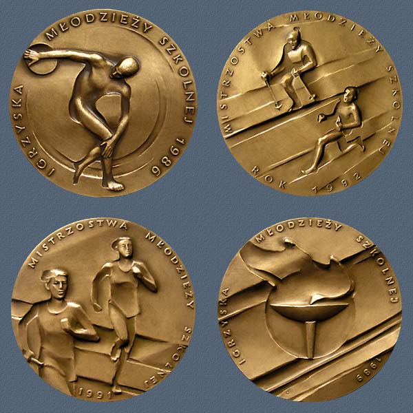 CHAMPIONSCHIPS OF SCHOOL CHILDREN (prize medals), obverses, struck tombac, 60 mm, 1982, 1986, 1989, 1991
Keywords: contemporary