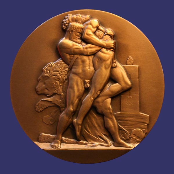 Hercule touffant Ante, 1839
[b]From the collection of John Birks[/b]

1988 Restrike

This medal won the Premier Grand Prix de Rome in 1839

Antaeus in Greek and Berber mythology was a giant of Libya, the son of Poseidon and Gaia, and his wife was Tinjis. He was extremely strong as long as he remained in contact with the ground (his mother earth), but once lifted into the air he became as weak as water. He would challenge all passers-by to wrestling matches, kill them, and collect their skulls, so that he might one day build out of them a temple to his father Poseidon. Heracles, finding that he could not beat Antaeus by throwing him to the ground, discovered the secret of his power and held Antaeus aloft until he died (Apollodorus ii. 5; Hyginus, Fab. 31). The myth of Antaeus has been used as a symbol of the spiritual strength which accrues when one rests one's faith on the immediate fact of things. The struggle between Antaeus and Heracles is a favourite subject in ancient sculpture. 
