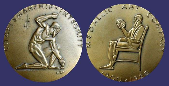 60th Anniversary of the Medallic Art Company, 1960
Bronze, 70 mm, 147 g
Keywords: Albert Wein deco