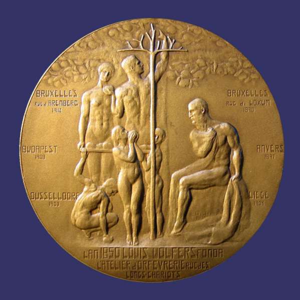 Wolfers, Marcel, Inauguration of the Wolfers Brothers Silversmith House, Brussels, 1912, Obverse
Marcel Wolfers (1886-1976)

Obverse: AN 1850 LOUIS WOLFERS FONDA ATELIER d'ORFEVRERIE RUE DES ONGS-CHARIOTS (In the year 1850 Louis Wolfers Founded the Workshop on the Street Ongs-Chariots)

List of locations on obverse: BRUXELLES RUE d'ARENBERG 1912, BRUXELLES RUE D'LUXEM 1890, ANVERS 1897, BUDAPEST 1908, DUSSELLDORF 1903, LIEGE 1904


Reverse:  4-11-1912, INAUGURATION DE LA MAISON WOLFERS FRRES, 11-13 Rue D'ARENBERG, BRUXELLES (4-11-1911, Inauguration of the House Wolfers Brothers, 11-13 Arenberg Street, Brussels)

This medal celebrates the opening in 1912 of a new "House Wolfers Brothers" silversmith shop in Brussels. Wolfers became one of the most famous Belgian silversmith companies of the 19th century, its reputation comparable to those of Emile Puiforcat, Odiot or Aucoc in Paris, Garrard in London, Tiffany or Gorham in America. In the first half of the 19th century, three young German silversmith brothers, Edouard, Guillaume and Louis Wolfers established two workshops in Brussels. In 1852, Louis Wolfers (1820-1892) registered his makers mark, consisting of a letter W above a boars head.

After their apprenticeships, Louis Wolfers' three sons, Philippe, Max and Robert, were sent to prospect for business. As a result, the Wolfers firm associated with Bonnebacker of Amsterdam, P. Kirscher in Dsseldorf, Goldschmidt in Kln, and Friedlander in Berlin. At the end of the 19th century Wolfers Frres silver was mostly heavy, cast or hammered; the decoration chased and engraved. Wolfers workshops employed highly skilled workers; there was no room for low quality stamped production. Philippe was the artistic director and designer for the family workshop called Wolfers Frres (Wolfers Brothers), whose inauguration is celebrated by this medal by (his son?) Marcel Wolfer. He played a very important role in the development of Art Deco in Belgium. Their workshops mark was a triangle containing three 5-pointed stars and is a rare example of a personal mark using Masonic symbols. Marcel Wolfers became one of Belgium's best known sculptors. The House Wolfers Frres closed its doors in 1975, one year prior to the death of Marcel Wolfer.
Keywords: gay nude male female birks_nude_male