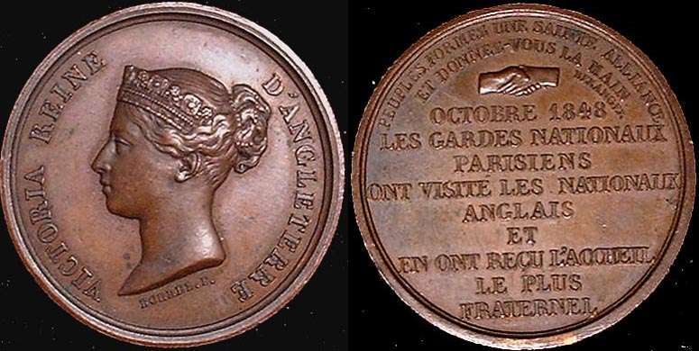 1848 FRENCH REVOLUTION HISTORIC MEDAL
Commemorates a  French and British meeting during French Revolution.

Obverse : bust of Victoria , with surrounding legend "VICTORIA REINE D'ANGLETERRE", signed by Borrel.

Reverse : "octobre 1848 les gardes nationaux parisiens ont visite les nationaux anglais et en ont recu l'accueil le plus fraternel"

Diameter : 27 mm. Edge : 2 mm. Weight : 10 g. Stamp "CUIVRE" and pointing hand mark from Paris Mint on rim.
