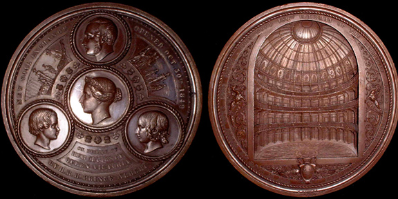 1849 Opening of the Coal Exchange
 City of London Medal

 Welch#6   BHM#2357 

89 mm x 10mm thick Copper/bronze.  Mintage 350.
