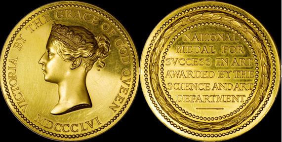 1856 Art and Science Awards by W. Wyon
Carnarvon Prize Medallion

 Gold 109.6grms (3.87oz) 55mm
