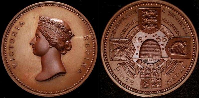 1866 Metropolitan & Provincial Industrial Exhibition by J.S. & A.B. Wyon
PRIZE Medal

50mm 72.7 gms  Copper

 This piece is not listed in British Historical Medals, and thus considered RARE 
