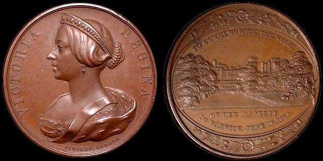 1858 Victoria Visit to Warwick
 Copper Bronze by Messer Pinches 39.5gms 42mm 

BHM #2620 RARE "R"

obv. Diadem draped bust of Victoria left VICTORIA REGINA

rev View of Warwick Castle within and oval of roses, thistles, and Shamrocks. In the oval above: TO COMMEMORATE THE VISIT OF HER MAJESTY/ TO WARWICK JUNE 16 1858 
