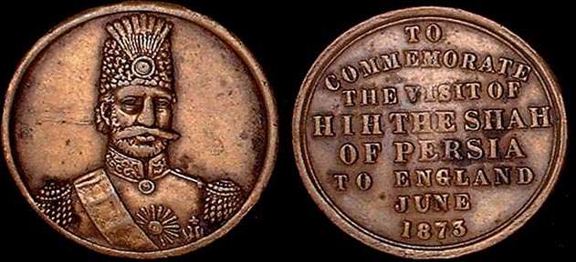 1873 The Visit of the Shah of Persia
Obv. Uniformed bust of Shah Nasr-ed-Din facing
BHM #2953 

Bronze Plain edge 

5 gms 24 mm Rarity "R" Rare
